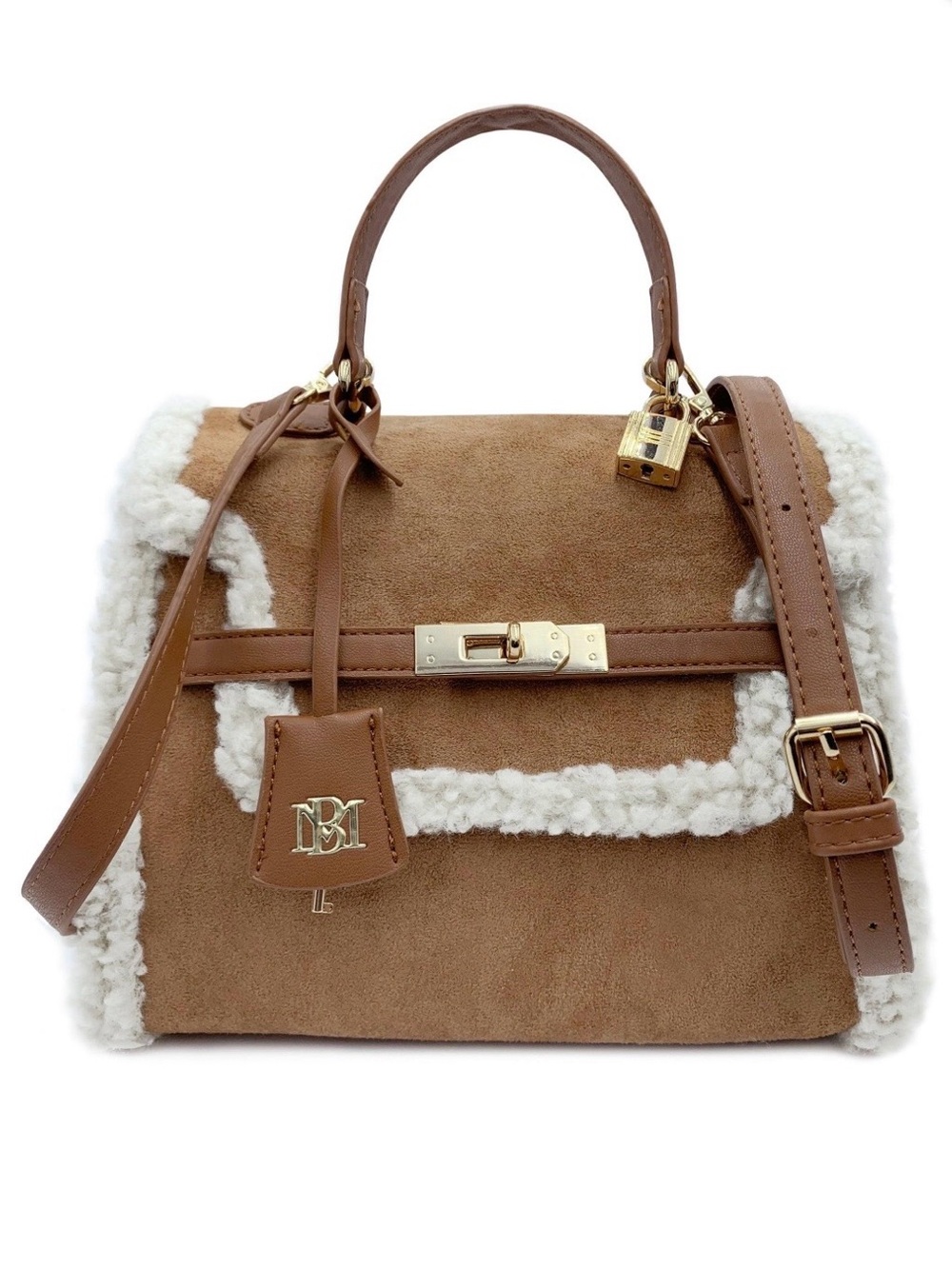 Badgley Mischka Tan Suede Crossbody with White Shearling Trim